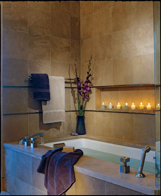 
Designer Annette Stelmack, transformed this master bathroom into a peaceful, luxurious haven.
